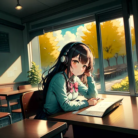 in a stylish cafe、a high school girl sitting at the counter is listening to music with headphones。she has her study materials li...