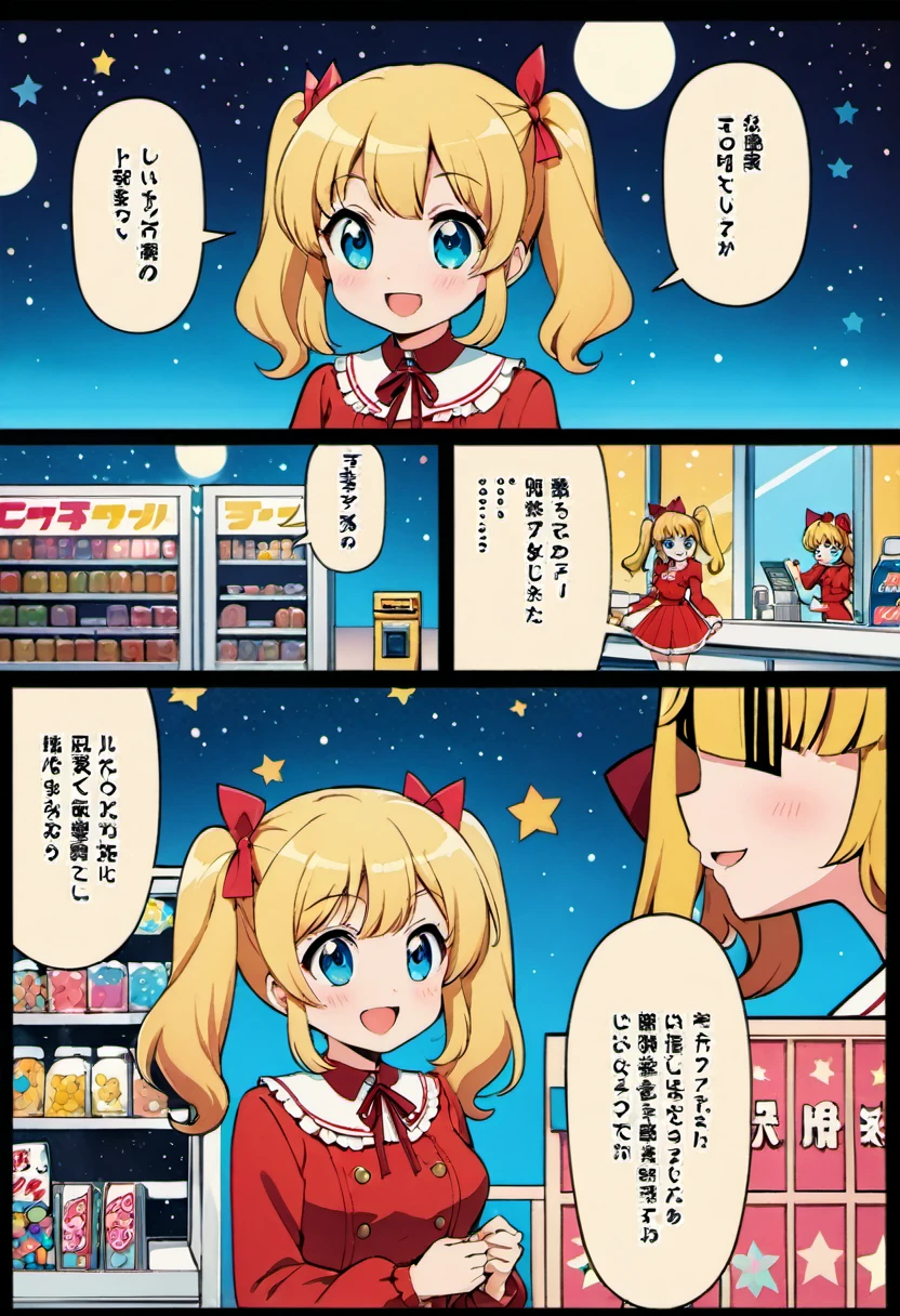 Candy Candy\' by Toei Animation, detailed art style, vintage aesthetic, emotional melodrama, inspired by Keiko Nagita and Yumiko Igarashi's original manga, in a midnight convenience store, starry night, vignettes, comic, dress, blonde_hair, twintails, boots, flower, bow, open_mouth, red_dress, hair_bow, frills, retro_artstyle, ribbon, smile, blue_eyes, long_hair, long_sleeves, full_body