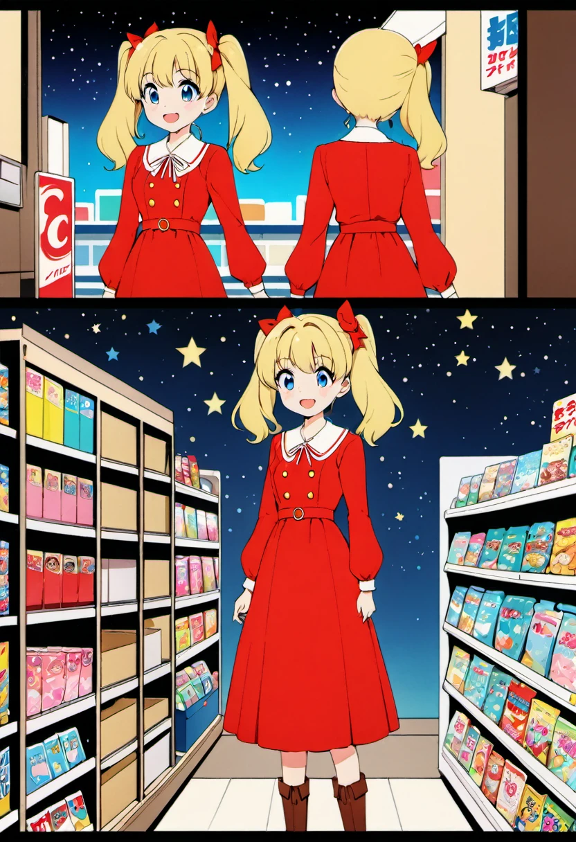 Candy Candy\' by Toei Animation, detailed art style, vintage aesthetic, emotional melodrama, inspired by Keiko Nagita and Yumiko Igarashi's original manga, in a midnight convenience store, starry night, vignettes, comic, dress, blonde_hair, twintails, boots, flower, bow, open_mouth, red_dress, hair_bow, frills, retro_artstyle, ribbon, smile, blue_eyes, long_hair, long_sleeves, full_body