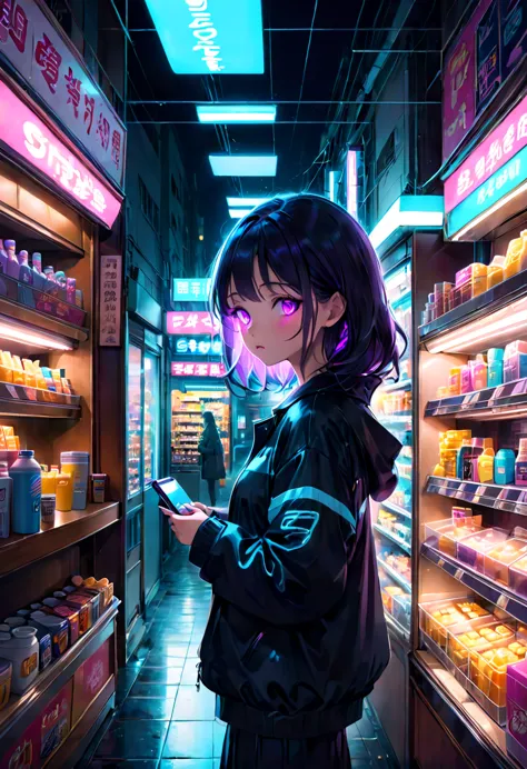 1girl, midnight convenience store, aesthetic, Neon Night page, vibrant city lights, dimly lit shelves full of snacks and drinks,...