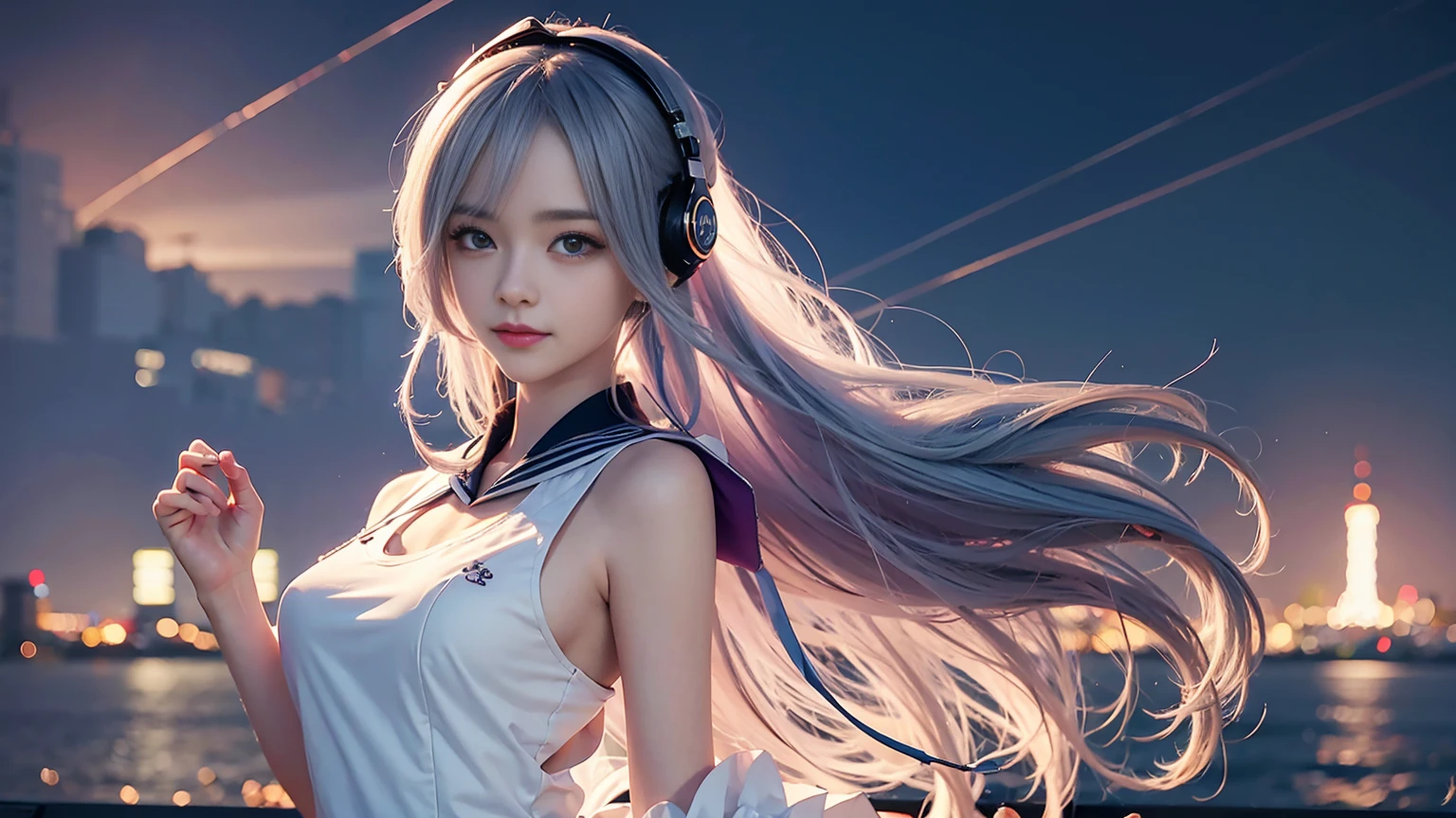 (Auriculares:1.3)、chica anime, pequeño curvilíneo , chica anime, esbelto、expresión suave、sonrisa、arte de anime digital detallado, senos pequeños, Lindo anime waifu en uniforme de marinero.,  en traje de marinero, Noche(fondo de tokio:1.3)、Caminar、arte de anime detalladoワーク, arte de anime detallado, Arte oficial altamente detallado, Kshatkrentz Arte Clave Femenino, [ arte digital 4K ]!!