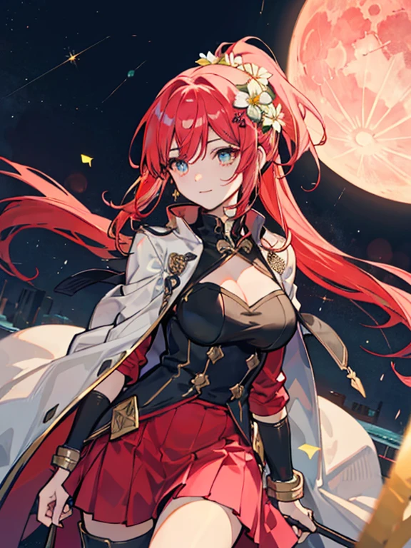 (masterpiece, highest quality,8K quality) adult woman, married woman, red long hair，Tense atmosphere, red long skirt, 黒のロングboots, wife, Wearing black mage robes, 50 year old woman looking away, detailed face, fine eyes, 暗赤colorの目, thin droopy eyes, {{{narrow eyes}}}, Long contour, 白と金colorの髪飾り,boots,ponytail、Bushy hair,Large hair ornament,Gold flower,white flower hair ornament,half up, {{{night sky with multiple shining meteors}}}, Red Moon,Moonlight shining in, dawn, straight bangs, 長い赤毛のponytail, gothic, big breasts, Knee-high portrait, color, cinematic lighting, highly detailed face, detailed face, beautiful face, beautiful eyes, perfect lighting,parted bangs, written boundary depth, realistic proportions, excellent anatomy,makeup gremory, small details. girl&#39;face,destiny style, Trending on Art Station Pixiv, seductive anime woman, Video game, A soft smile with closed mouth, Beautiful woman, {{{A squishy smile}}}, macross style,Futurism, shining light, UHD, retina, masterpiece, Accurate, anatomically correct,five fingers,白と金colorの髪飾り,boots,ponytail、Bushy hair,Large hair ornament,Gold flower,white flower hair ornament