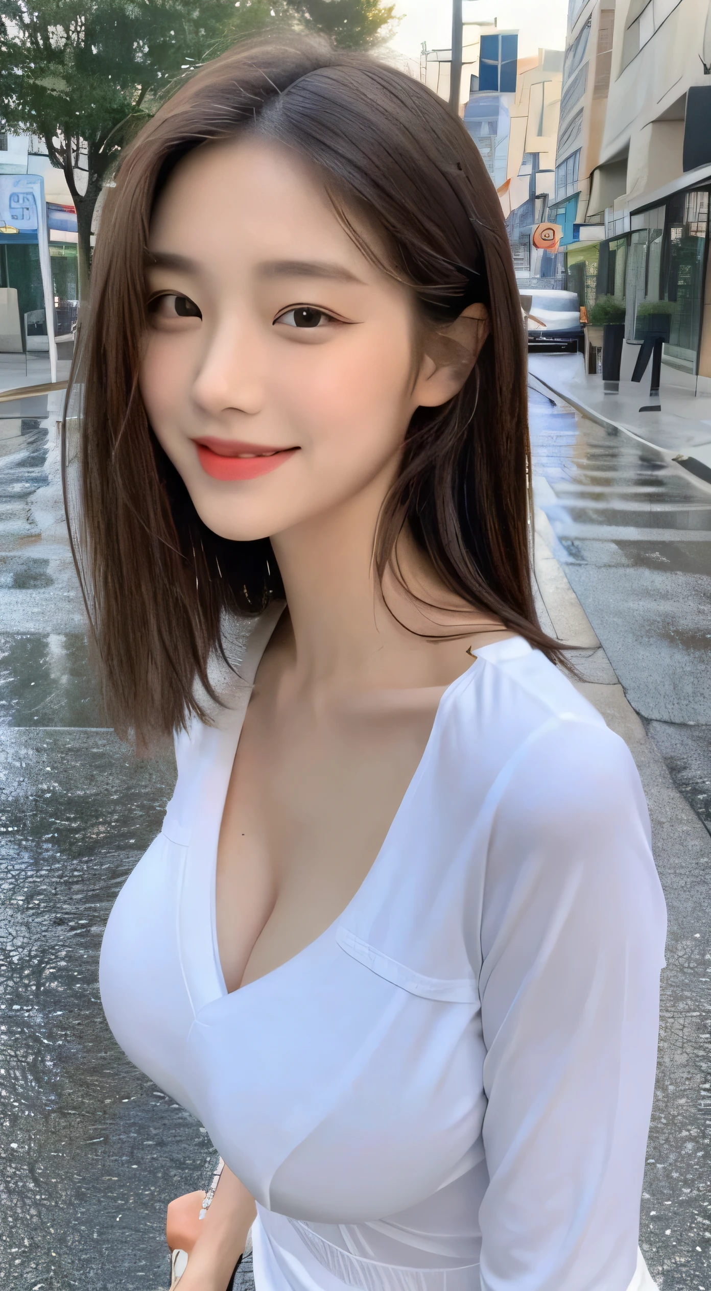 ((best quality, 8K, masterpiece:1.3)), focus: 1.2, perfect body beautiful: 1.4, buttocks: 1.2, ((layered hairstyle, breast: 1.2)), (wet clothes: 1.1), (rain, street:1.3), tube top dress: 1.1, Highly detailed facial and skin textures, narrow eyes, double eyelids, whiten skin, long hair, (shut up: 1.3), Smile