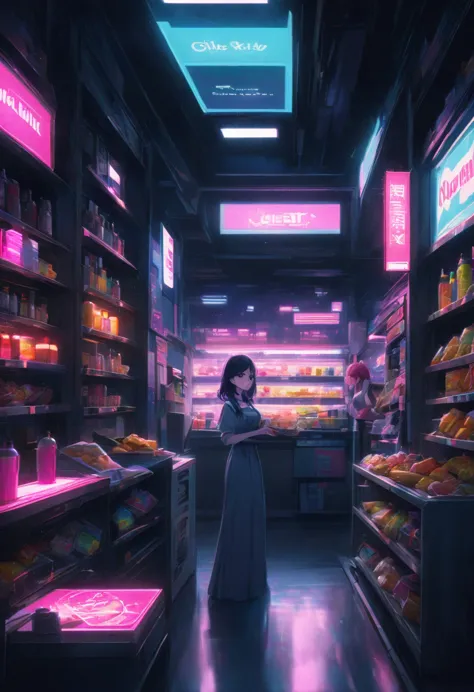 1girl, midnight convenience store, aesthetic, Neon Night page, vibrant city lights, dimly lit shelves full of snacks and drinks,...