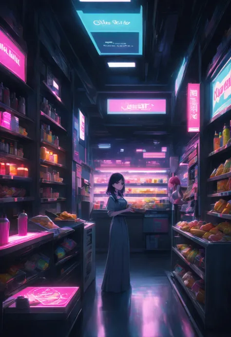 1girl, midnight convenience store, aesthetic, neon night page, vibrant city lights, dimly lit shelves full of snacks and drinks,...