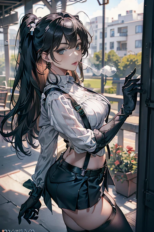 22 years old, (milf:0.8), (solo:1.5), (sfw:1.25), cute breast, beautiful breasts, medium ,black suspenders,(Bulging ,big breasts:1.1),(Black miniskirt:1.3),garters,Gaze,Small face,bangss,holster,Belt Armament,Beautuful Women, thin waist, big ass:1.0, Raised sexy, (dark green mediumlong hair,side ponytail,hair between eyes,bangs, dark blue eyes, light smile, big , Revimpling fabric, earrings, Hand gloves, detailed face,(smoking:1.3),detailed and beautiful eyes,beautiful detailed lips,Rolling her eyes,manner,(ultra high resolution, 8K RAW photo, photo realistics, thin outline:1.3, clear focus), best qualtiy, natural lighting, textile shading, field depth (Bright pupils, fine detailed beautiful eyes with highlight:1.3, high detailed face), Red lip, fine realistic skins:1.1, looking down viewers:1.3, (dynamic angle:1.3, front view:1.1, breast focus:1.3, from below:1.2), (dynamic posing:1.5, sexy posing:1.2, leaning forward),Youghal, side lock, hair ornaments, hair band,nice,garden background,artistic rendering,Super detailed,(highest quality,4k,8K,High resolution,masterpiece:1.2),Bright colors,studio lighting ,in usa military base,