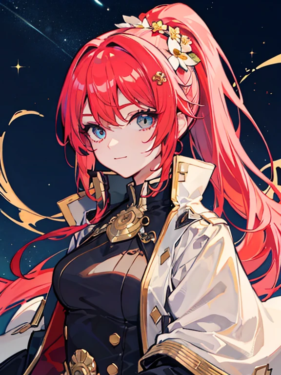 (masterpiece, highest quality,8K quality) adult woman, married woman, red long hair,長い赤毛のponytail,Tense atmosphere, red long skirt, 黒のロングboots, wife, Wearing black mage robes, 50 year old woman looking away, detailed face, fine eyes, 暗赤colorの目, thin droopy eyes, {{{narrow eyes}}}, Long contour, 白と金colorの髪飾り,金colorの髪飾り,boots,ponytail、Bushy hair,Large hair ornament,Gold flower,white flower hair ornament,half up, {{{night sky with multiple shining meteors}}},straight bangs, 長い赤毛のponytail, gothic, big breasts, Knee-high portrait, color, cinematic lighting, highly detailed face, detailed face, beautiful face, beautiful eyes, perfect lighting,parted bangs, written boundary depth, realistic proportions, excellent anatomy,makeup gremory, small details. girl&#39;face,destiny style, Trending on Art Station Pixiv, seductive anime woman, Video game, A soft smile with closed mouth, Beautiful woman, {{{A squishy smile}}}, macross style,Futurism, shining light, UHD, retina, masterpiece, Accurate, anatomically correct,five fingers,白と金colorの髪飾り,boots,ponytail、Bushy hair,Large hair ornament,Gold flower,white flower hair ornament