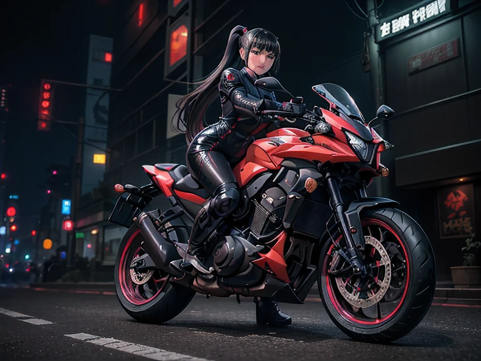 beste Qualität, Meisterwerk,2 japanische willensstarke Frauen,Neon and dark cyberpunk atmosphere,Sie ist eine Ninja-Frau mit Mordabsichten.ein Schwert tragen,(Mit einem Schwert in der Hand Motorrad fahren:1.2),In einer Cyberpunk-Baustadt.trage einen engen Ninja-Anzug aus Latex,Overknee-Stiefel,schwarze lange Haare,bangs,Pferdeschwanz,muskulöser und straffer Körper,