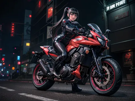 best quality, masterpiece,22 years old Japanese strong-willed woman,Neon and dark cyberpunk atmosphere,She is a female ninja wit...