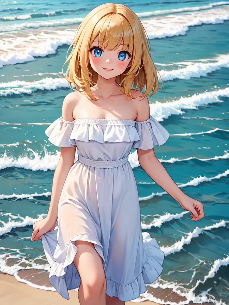 masterpiece, best quality, highres, outdoors, small breasts, 1 girl, Solo, Blue Eyes, Beautiful Detail Eyes, Yellow Medium Hair, Yellow Straight Hair, Bangs, Good hands are down, Smile, Blushing, Bare Neck, Bare Shoulders, strapless, White Ruffle Off-the-Shoulder maxi dress. Cowboy shot. A landscape of the beach, blue skies, sand beach, ocean waves. In the center. Walking in bare feets.