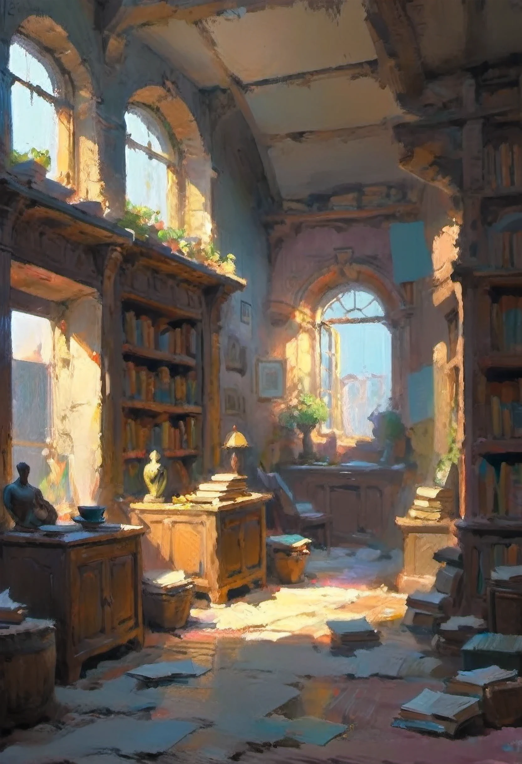 Cellar, Architecture,statues,shelves with books,window,destruction,Diffused morning light,2d art,handpaint,4k,fullhd,very high resolute.