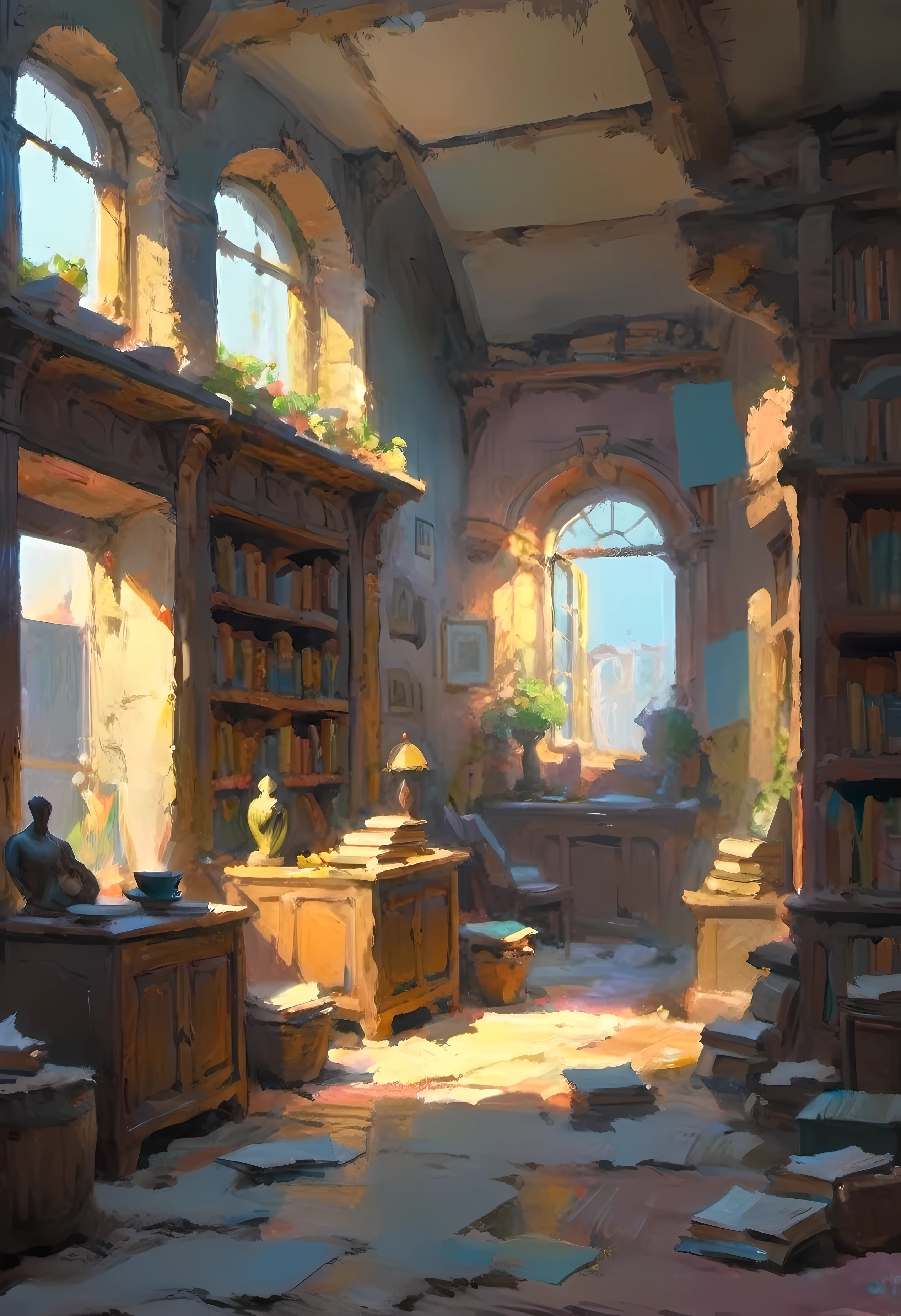 Cellar, Architecture,statues,shelves with books,window,destruction,Diffused morning light,2d art,handpaint,4k,fullhd,very high resolute.