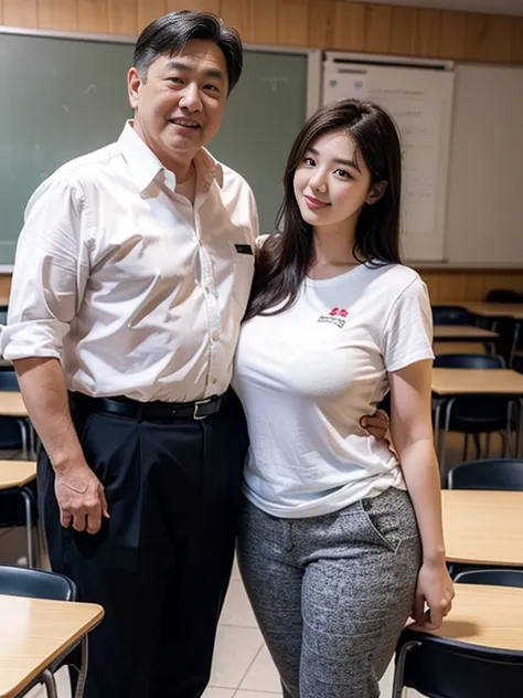 An old man and a young girl, the man is 65 years old, ugly and fat, wears a white shirt and black trousers,  a korean young girl...