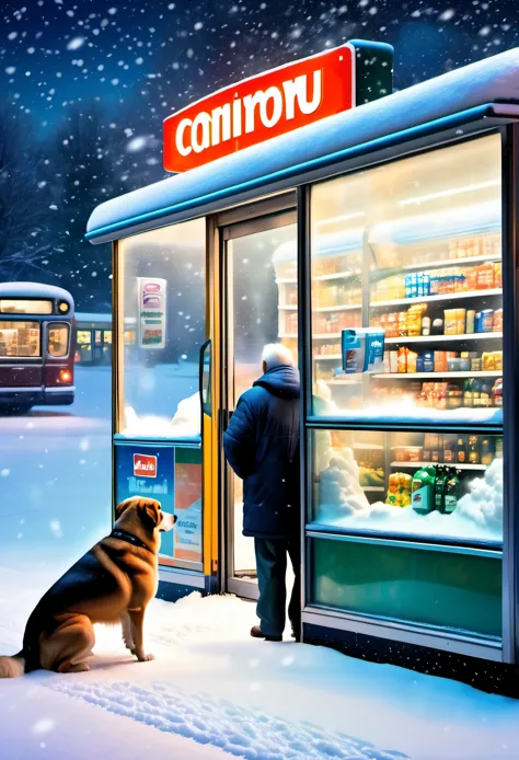 （masterpiece，photography，lifelike，）winter，heavy snow，snow，late night，Convenience store at night，supermarket，Huge glass windows，O...
