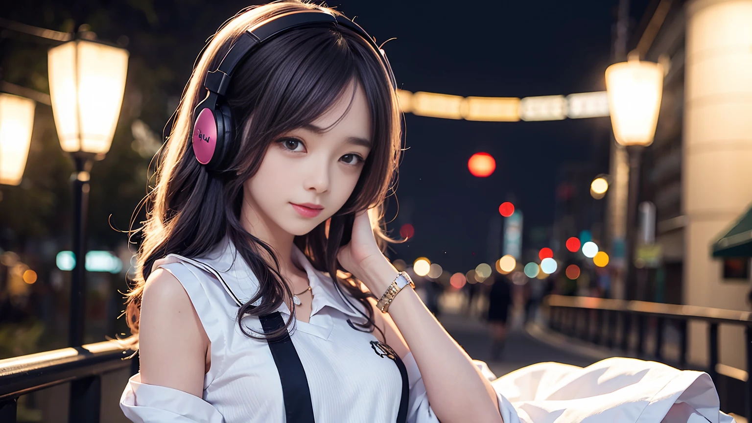 (headphones:1.3)、anime girl, small curvaceous , anime girl, slender、soft expression、smile、detailed digital anime art, small breasts, Cute anime waifu in sailor uniform,  in a sailor suit, Night(Background of downtown Tokyo:1.3)、walk、detailed anime artワーク, detailed anime art, Highly detailed official artwork, Kshatkrentz Key Art Female, [ 4K digital art ]!!