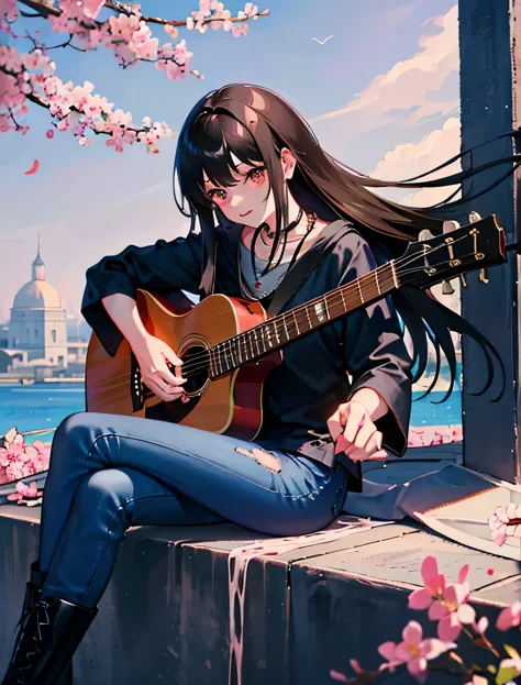 playing acoustic guitar、black hair with red messi、a young girl，dressed in sexy grunge jeans clothes，wear long boots，with necklac...