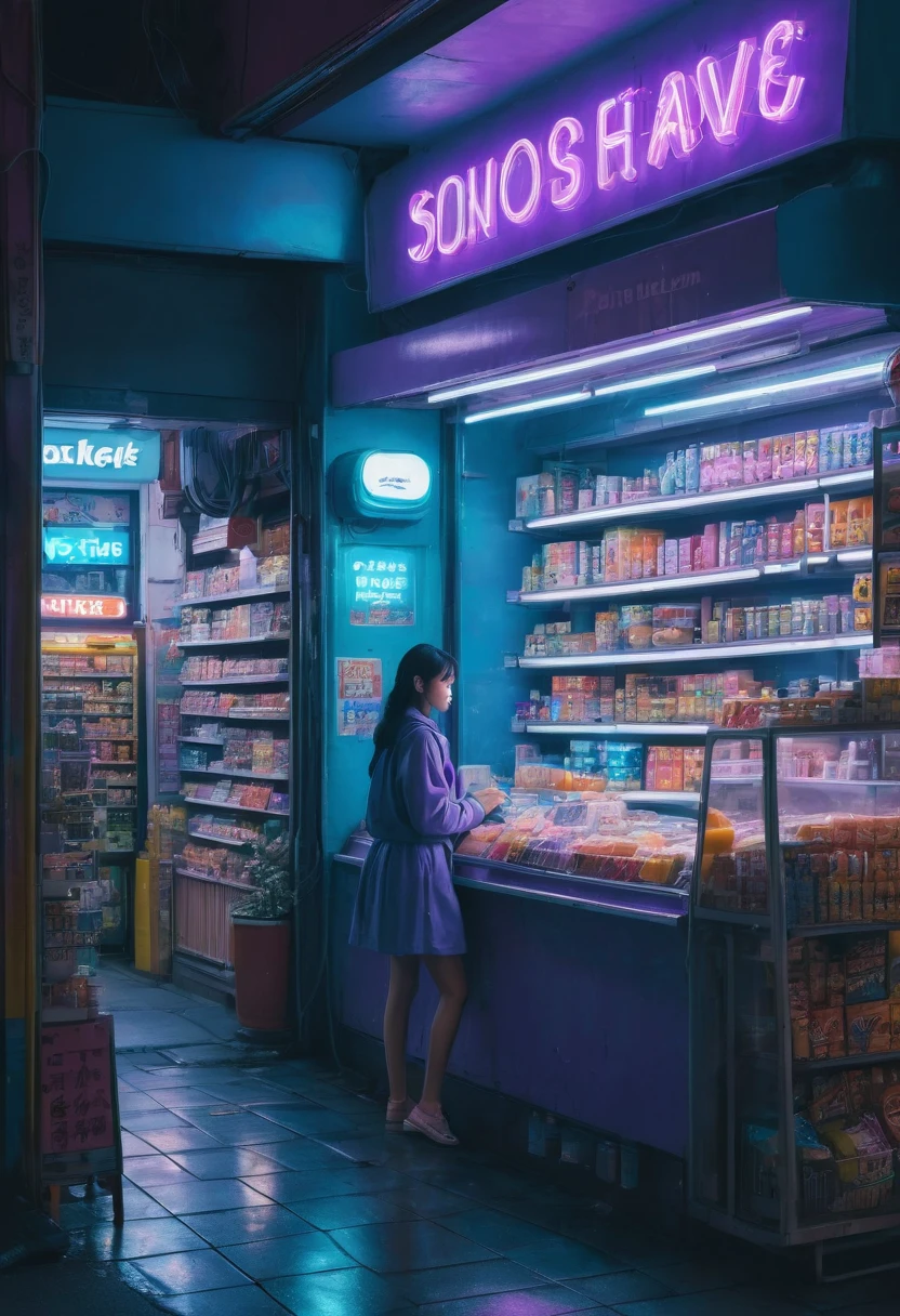 1girl, midnight convenience store, aesthetic, Neon Night page, vibrant city lights, dimly lit shelves full of snacks and drinks, a cashier with tired eyes, fluorescent lighting casting a soft glow, late-night customers browsing the aisles, flickering neon signs outside the store, a sense of mystery and solitude, a hazy atmosphere with a touch of nostalgia, cinematic and atmospheric, high-res details capturing the smallest nuances, a combination of realism and dream-like quality, urban aesthetic blending with a hint of surrealism, cool blue and purple tones, soft shadows and subtle highlights, an ambiance that evokes a sense of tranquility and possibility in the midst of the night.