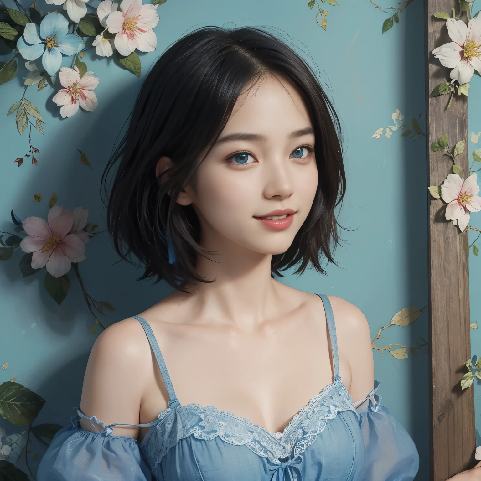 (A hyper-realistic), (illustration), (hight resolution), (8K), (highly detailed), (The best illustrations), (detailed face), (beautiful detailed eyes), (top-quality), (​masterpiece), (wall-paper), Upper body close-up, short hair,inner colored, solo, Girl in simple blue underwear, plump breasts, smile