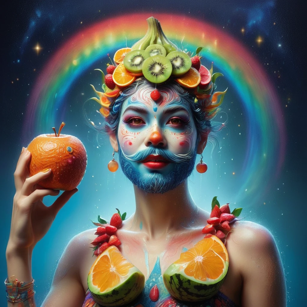 Representaciones imaginativas de personajes hechas enteramente de pulpa de fruta.，El personaje está de pie en una pose informal.，Tal vez una mano sosteniendo una manzana，Cuerpo hecho de naranja.，Sandía，kiwi，Fresas y otras rodajas de frutas coloridas.，Un efecto mosaico parecido al arcoíris，El rostro es detallado y expresivo.，Forma elegante con piel de mandarina y ojos de arándano.，(El fondo muestra una tienda de conveniencia a medianoche.:1.8)，(Bañado en la niebla gris de la noche tranquila), (nivel de maestría:1.2), súper detalles, Realista, (Photorealism:1.3), vista en primera persona, HD, obra maestra, preciso, anatómicamente correcto, Súper detalle, mejor calidad, 8K