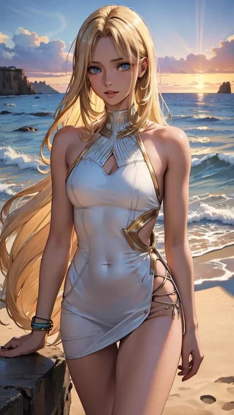 Sunset, deserted beach. A look from the outside. 1 young woman (Beautiful golden-haired long-haired blonde with blue eyes) 1 you...