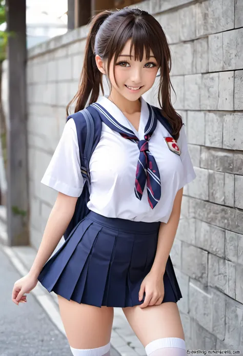 ((Japanese high school uniform)),Wear a short pleated skirt 、Silk panties sticking out、panty shot、focus on panties、Soft skin、ponytail, japanese girl, 8K, huge breasts,full body shot、 highest quality, masterpiece, realistic, Photorealistic super detail, one...