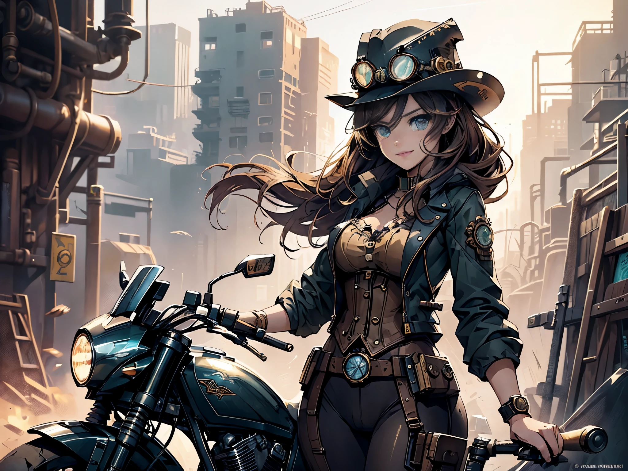 (comic book style),(line drawing_anime),(cowboy shot, highest quality, ),(Laura Budd Photos:1.2),(Laura Add Details:1.0),8K, flat color:0.8,dynamic angle,1 girl,smile、(Steampunk bike ride 1.5)、Exquisitely decorated motorcycle、(Highly decorative and complex mechanical steampunk fashion, lace flare dolphin hat、goggles 1.5、machinery background、Gear background、Intricately mechanized steampunk cityscape 1.5),