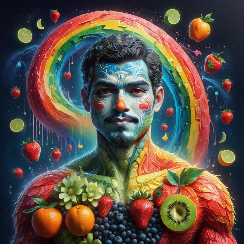 Imaginative depictions of characters made entirely of fruit pulp，The character is standing upright in a casual pose，Maybe one hand holding an apple，Body made of orange，watermelon，kiwi，Strawberries and other colorful fruit slices，A rainbow-like mosaic effect，The face is detailed and expressive，Elegantly shaped with tangerine peel and blueberry eyes，(The background depicts a convenience store at midnight:1.8)，(Bathed in the grey fog of the quiet night), (master level:1.2), Super details, Realistic, (Photorealism:1.3), first-person view, UHD, masterpiece, ccurate, anatomically correct, super detail, best quality, 8k