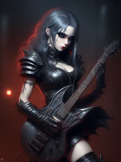 1female MetalAI MetalSinger holding MetalAI guitar in a MetalAI outfit, hyper realistic