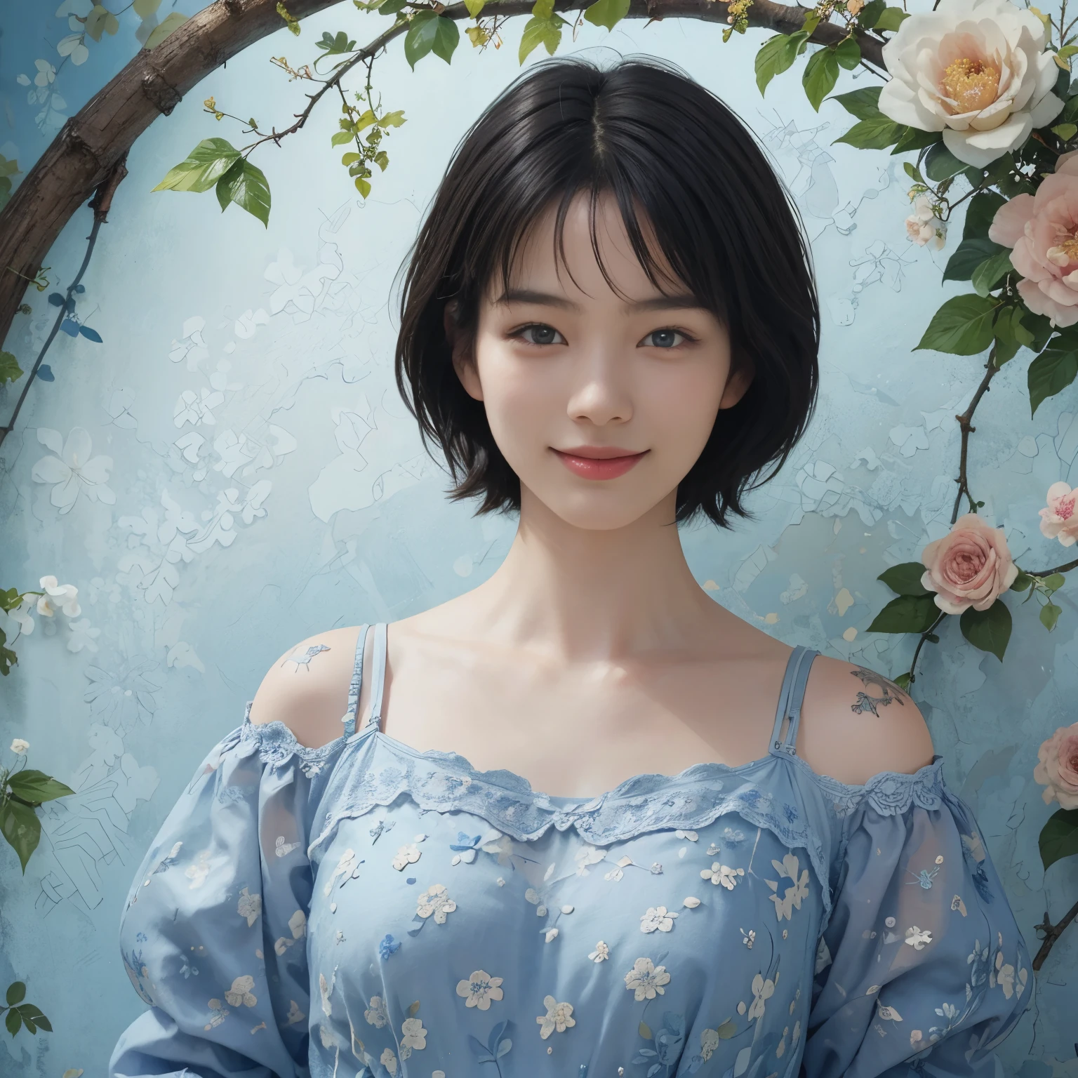 (A hyper-realistic), (illustration), (hight resolution), (8K), (highly detailed), (The best illustrations), (detailed face), (beautiful detailed eyes), (top-quality), (​masterpiece), (wall-paper), Upper body close-up, short hair,inner colored, solo, Girl in simple blue underwear, plump breasts, smile