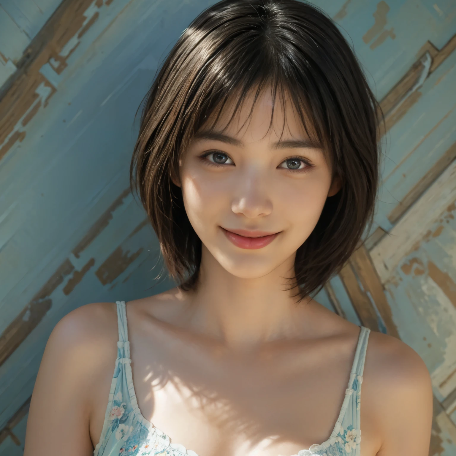 (A hyper-realistic), (illustration), (hight resolution), (8K), (highly detailed), (The best illustrations), (detailed face), (beautiful detailed eyes), (top-quality), (​masterpiece), (wall-paper), Upper body close-up, short hair,inner colored, solo, Girl in simple blue underwear, plump breasts, smile