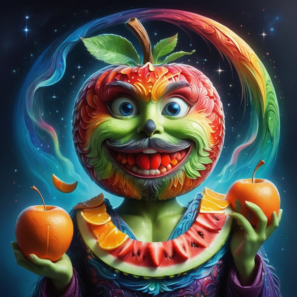 Representaciones imaginativas de personajes hechas enteramente de pulpa de fruta.，El personaje está de pie en una pose informal.，Tal vez una mano sosteniendo una manzana，Cuerpo hecho de naranja.，Sandía，kiwi，Fresas y otras rodajas de frutas coloridas.，Un efecto mosaico parecido al arcoíris，El rostro es detallado y expresivo.，Forma elegante con piel de mandarina y ojos de arándano.，(El fondo muestra una tienda de conveniencia a medianoche.:1.8)，(Bañado en la niebla gris de la noche tranquila), (nivel de maestría:1.2), súper detalles, Realista, (Photorealism:1.3), vista en primera persona, HD, obra maestra, preciso, anatómicamente correcto, Súper detalle, mejor calidad, 8K