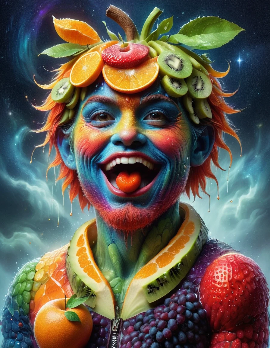 Representaciones imaginativas de personajes hechas enteramente de pulpa de fruta.，El personaje está de pie en una pose informal.，Tal vez una mano sosteniendo una manzana，Cuerpo hecho de naranja.，Sandía，kiwi，Fresas y otras rodajas de frutas coloridas.，Un efecto mosaico parecido al arcoíris，El rostro es detallado y expresivo.，Forma elegante con piel de mandarina y ojos de arándano.，(El fondo muestra una tienda de conveniencia a medianoche.:1.8)，(Bañado en la niebla gris de la noche tranquila), (nivel de maestría:1.2), súper detalles, Realista, (Photorealism:1.3), vista en primera persona, HD, obra maestra, preciso, anatómicamente correcto, Súper detalle, mejor calidad, 8K