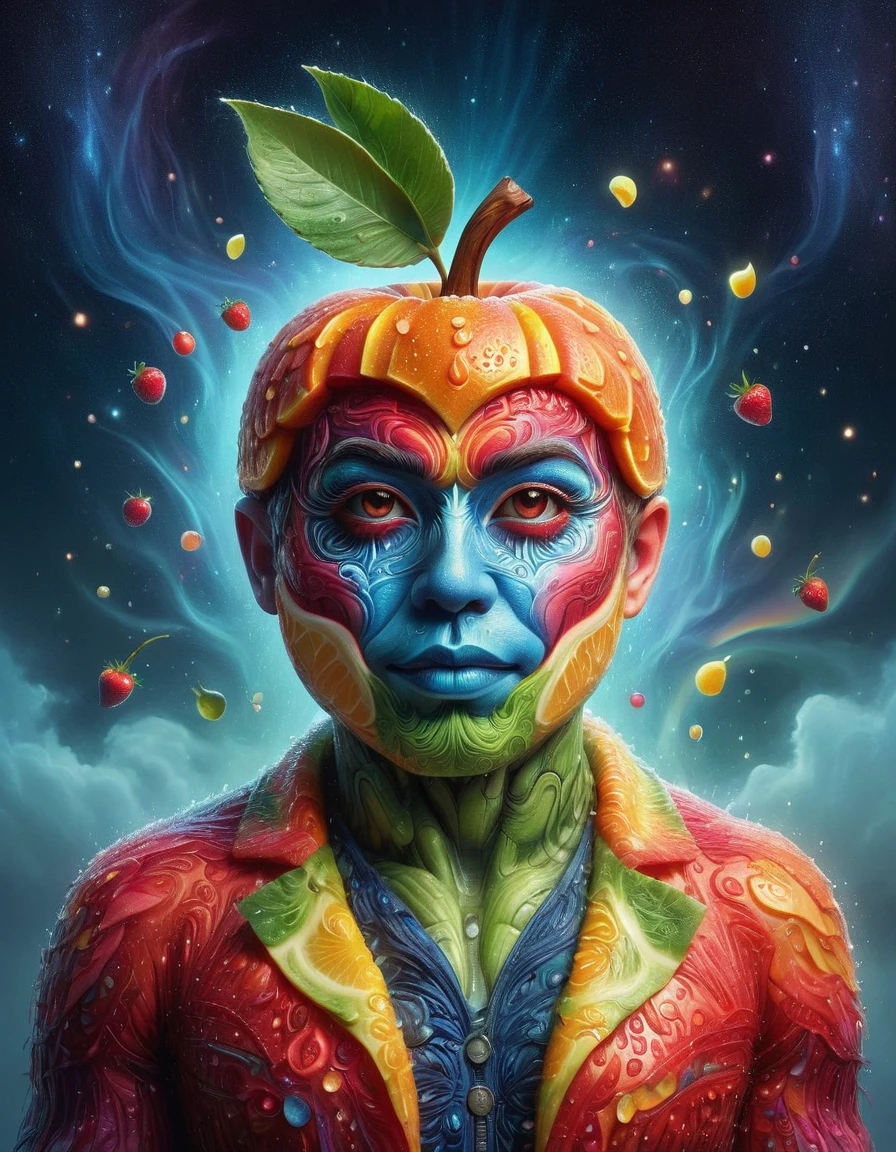 Imaginative depictions of characters made entirely of fruit pulp，The character is standing upright in a casual pose，Maybe one hand holding an apple，Body made of orange，watermelon，kiwi，Strawberries and other colorful fruit slices，A rainbow-like mosaic effect，The face is detailed and expressive，Elegantly shaped with tangerine peel and blueberry eyes，(The background depicts a convenience store at midnight:1.8)，(Bathed in the grey fog of the quiet night), (master level:1.2), Super details, Realistic, (Photorealism:1.3), first-person view, UHD, masterpiece, ccurate, anatomically correct, super detail, best quality, 8k