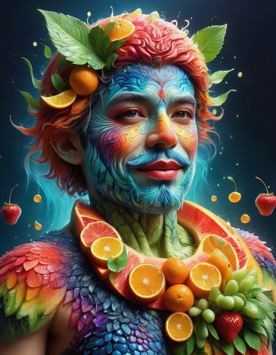 Imaginative depictions of characters made entirely of fruit pulp，The character is standing upright in a casual pose，Maybe one hand holding an apple，Body made of orange，watermelon，kiwi，Strawberries and other colorful fruit slices，A rainbow-like mosaic effect，The face is detailed and expressive，Elegantly shaped with tangerine peel and blueberry eyes，(The background depicts a convenience store at midnight:1.8)，(Bathed in the grey fog of the quiet night), (master level:1.2), Super details, Realistic, (Photorealism:1.3), first-person view, UHD, masterpiece, ccurate, anatomically correct, super detail, best quality, 8k