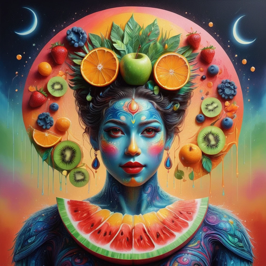 Representações imaginativas de personagens feitos inteiramente de polpa de fruta，O personagem está em pé em uma pose casual，Talvez uma mão segurando uma maçã，Corpo feito de laranja，melancia，kiwi，Morangos e outras fatias de frutas coloridas，Um efeito de mosaico semelhante ao arco-íris，O rosto é detalhado e expressivo，Elegantemente modelado com casca de tangerina e olhos de mirtilo，(O fundo retrata uma loja de conveniência à meia-noite:1.8)，(Banhado na névoa cinzenta da noite tranquila), (Nível mestre:1.2), Super detalhes, realista, (fotorrealismo:1.3), visão em primeira pessoa, Ultra HD, obra de arte, preciso, Anatomicamente correto, Super Detalhe, melhor qualidade, 8K