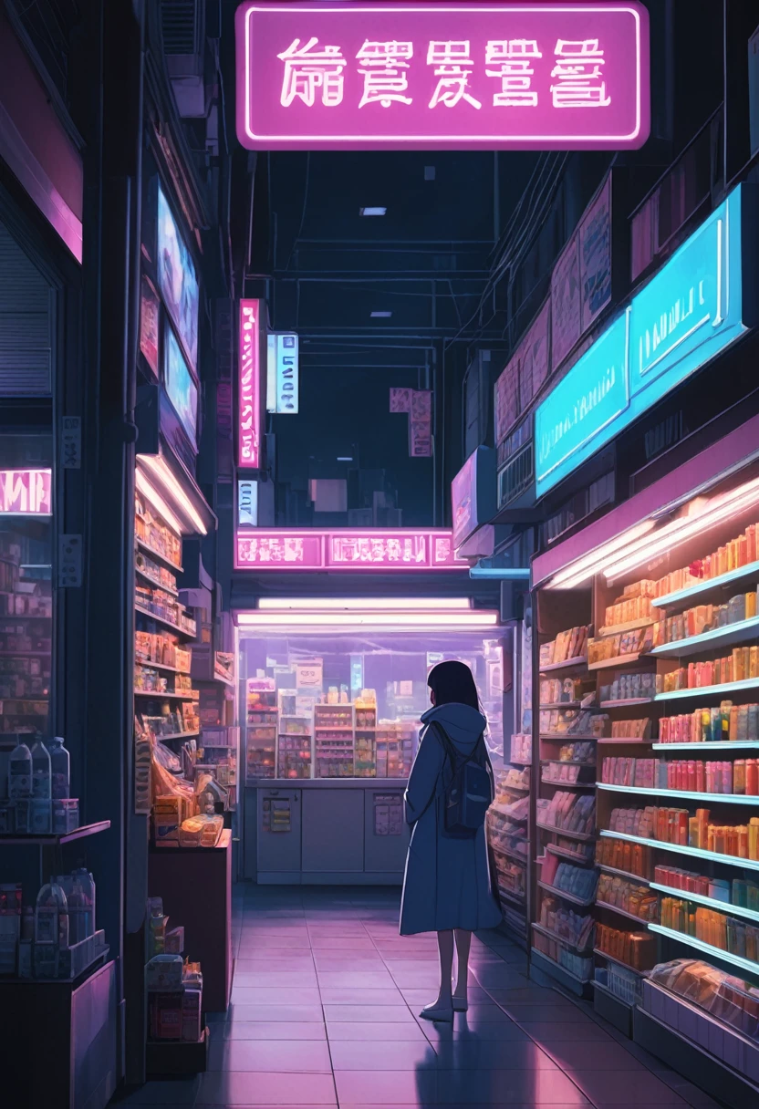 1girl, midnight convenience store, aesthetic, Neon Night page, vibrant city lights, dimly lit shelves full of snacks and drinks, a cashier with tired eyes, fluorescent lighting casting a soft glow, late-night customers browsing the aisles, flickering neon signs outside the store, a sense of mystery and solitude, a hazy atmosphere with a touch of nostalgia, cinematic and atmospheric, high-res details capturing the smallest nuances, a combination of realism and dream-like quality, urban aesthetic blending with a hint of surrealism, cool blue and purple tones, soft shadows and subtle highlights, an ambiance that evokes a sense of tranquility and possibility in the midst of the night.