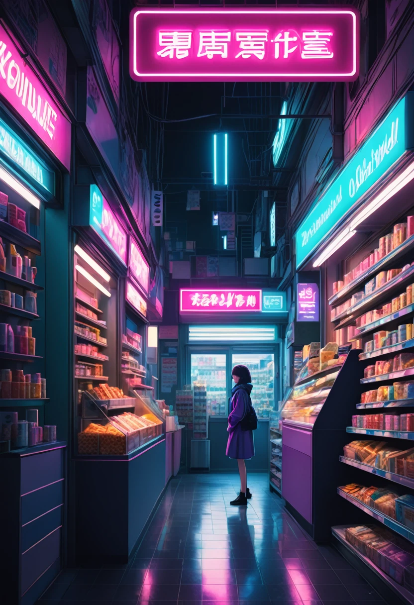 1girl, midnight convenience store, aesthetic, Neon Night page, vibrant city lights, dimly lit shelves full of snacks and drinks, a cashier with tired eyes, fluorescent lighting casting a soft glow, late-night customers browsing the aisles, flickering neon signs outside the store, a sense of mystery and solitude, a hazy atmosphere with a touch of nostalgia, cinematic and atmospheric, high-res details capturing the smallest nuances, a combination of realism and dream-like quality, urban aesthetic blending with a hint of surrealism, cool blue and purple tones, soft shadows and subtle highlights, an ambiance that evokes a sense of tranquility and possibility in the midst of the night.