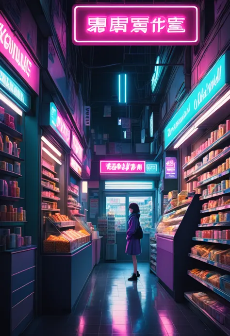 1girl, midnight convenience store, aesthetic, neon night page, vibrant city lights, dimly lit shelves full of snacks and drinks,...