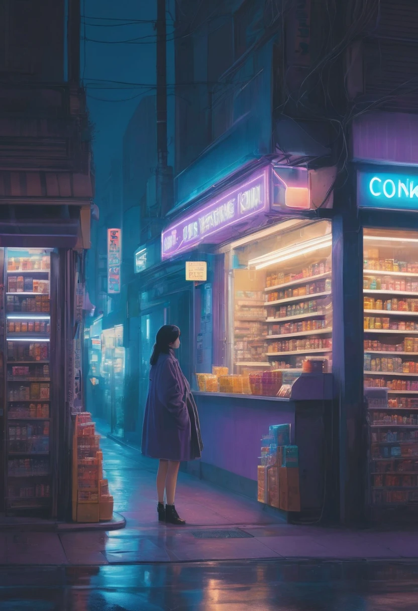 1girl, midnight convenience store, aesthetic, Neon Night page, vibrant city lights, dimly lit shelves full of snacks and drinks, a cashier with tired eyes, fluorescent lighting casting a soft glow, late-night customers browsing the aisles, flickering neon signs outside the store, a sense of mystery and solitude, a hazy atmosphere with a touch of nostalgia, cinematic and atmospheric, high-res details capturing the smallest nuances, a combination of realism and dream-like quality, urban aesthetic blending with a hint of surrealism, cool blue and purple tones, soft shadows and subtle highlights, an ambiance that evokes a sense of tranquility and possibility in the midst of the night.