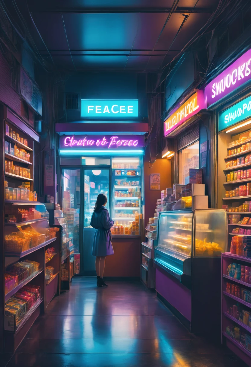 1girl, midnight convenience store, aesthetic, Neon Night page, vibrant city lights, dimly lit shelves full of snacks and drinks, a cashier with tired eyes, fluorescent lighting casting a soft glow, late-night customers browsing the aisles, flickering neon signs outside the store, a sense of mystery and solitude, a hazy atmosphere with a touch of nostalgia, cinematic and atmospheric, high-res details capturing the smallest nuances, a combination of realism and dream-like quality, urban aesthetic blending with a hint of surrealism, cool blue and purple tones, soft shadows and subtle highlights, an ambiance that evokes a sense of tranquility and possibility in the midst of the night.