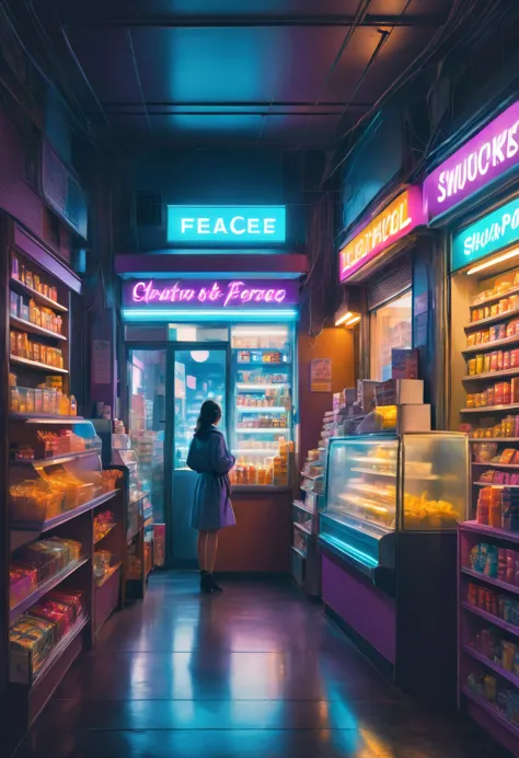 1girl, midnight convenience store, aesthetic, Neon Night page, vibrant city lights, dimly lit shelves full of snacks and drinks,...