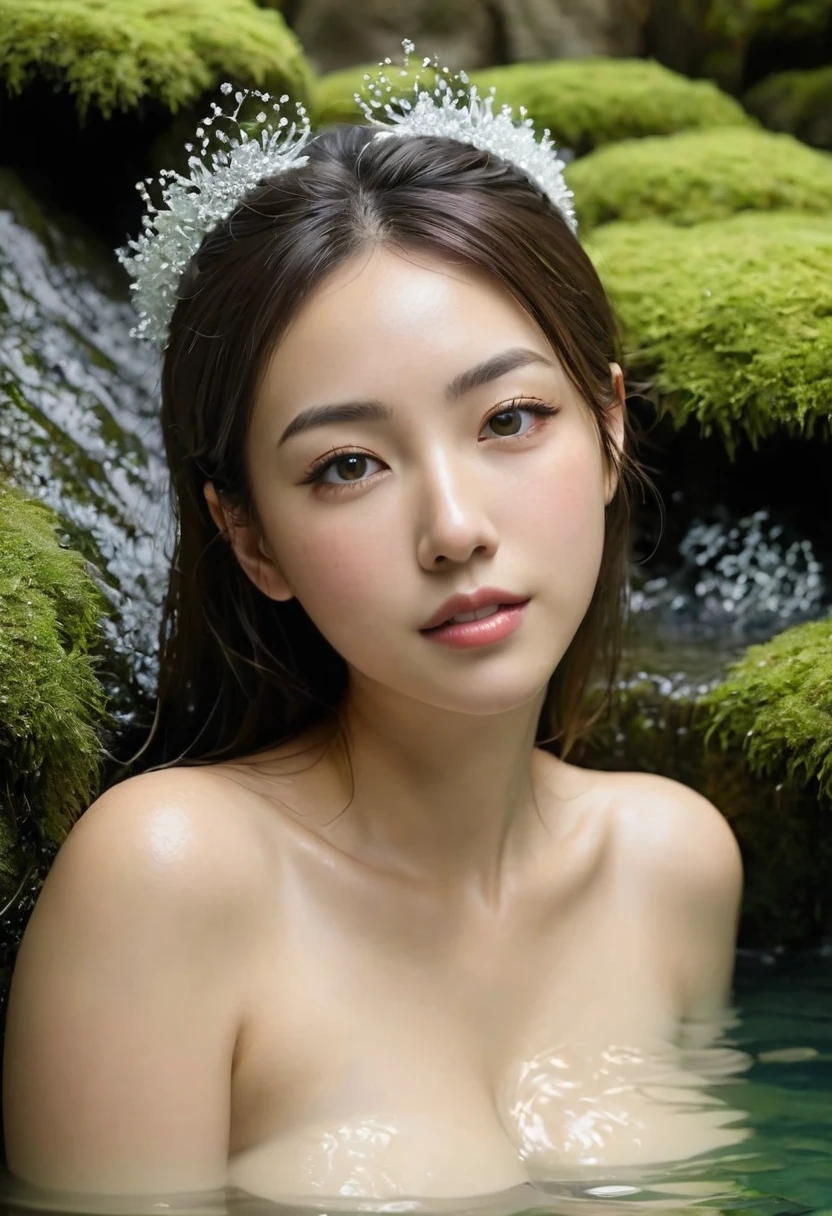 meilleure qualité, Chef-d&#39;œuvre, ultra haute résolution, Un mannequin de 26 ans prend un bain thermal au Japon, sources chaudes extérieures, sources chaudes en pierre, entouré de mousse et d&#39;arbres, super beau visage, corps pur, pores bien visibles, (sourire:0.8), Porter des séparations (Bandeau en dentelle:1.2), (le réalisme:1.5), photo originale, corps mouillé, couvert de sueur, épaules nues, De vrais seins parfaits，décolleté évident，se concentrer sur les seins exposés，(((Portrait du haut du corps，au dessus du nombril，Peau blanche et tendre comme neige.)))，Dans l&#39;obscurité, ombres profondes, profile bas, Lumière froide((meilleure qualité)), ((Chef-d&#39;œuvre)), (détaillé), visage parfait