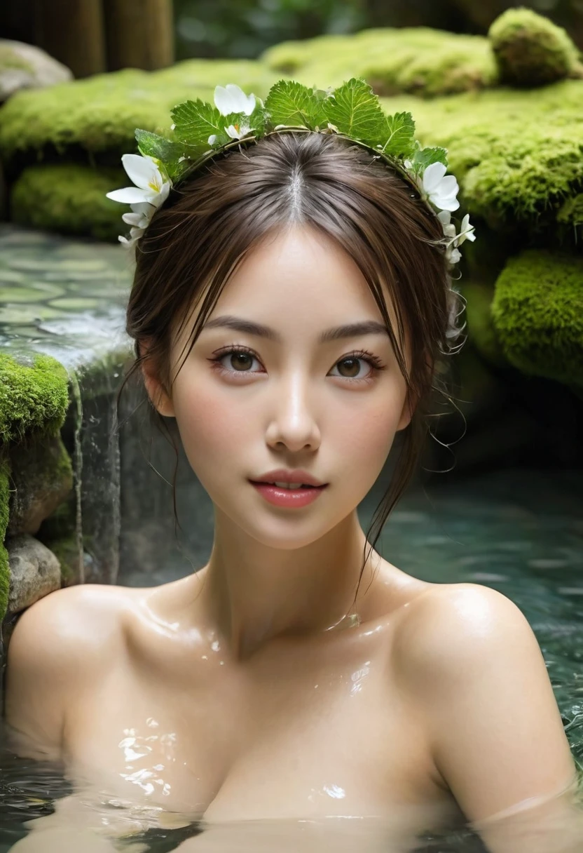 Best Quality, Masterpiece, ultra high resolution, 26-year-old supermodel takes a thermal bath in Japan, outdoor hot springs, stone hot springs, surrounded by moss and trees, Super Beautiful Face, pure body, clearly visible pores, (SMILE:0.8), Wear separates (lace headband:1.2), (realism:1.5), Photo original, WET BODY, covered in sweat, bare shoulders, Perfect real breasts，obvious neckline，focus on exposed breasts，(((Upper body portrait，above the navel，Snow white and tender skin.)))，in the dark, deep shadows, low profile, cold light((Best Quality)), ((Masterpiece)), (detailed), Perfect face