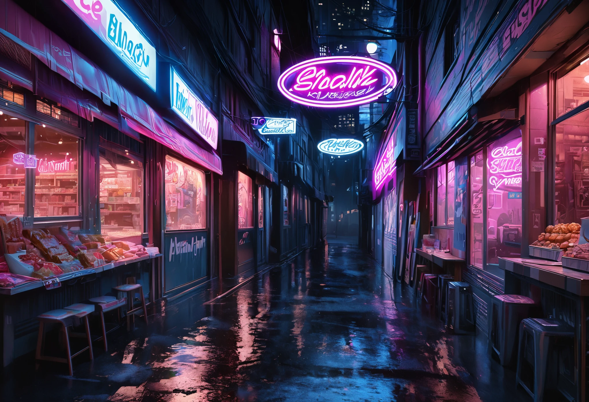 midnight convenience store,illustration,neon lights,empty street,quiet atmosphere,late-night snack,vibrant colors,reflection,shadows,late-night mystery,detailed storefront,dark alley,corner store, streetlight,mystical ambiance,surreal,peaceful,hidden secrets,(best quality,4k,8k,highres,masterpiece:1.2),ultra-detailed,(realistic,photorealistic,photo-realistic:1.37),noir style cinematic lighting,retro aesthetics,glowing signs,subtle fog.