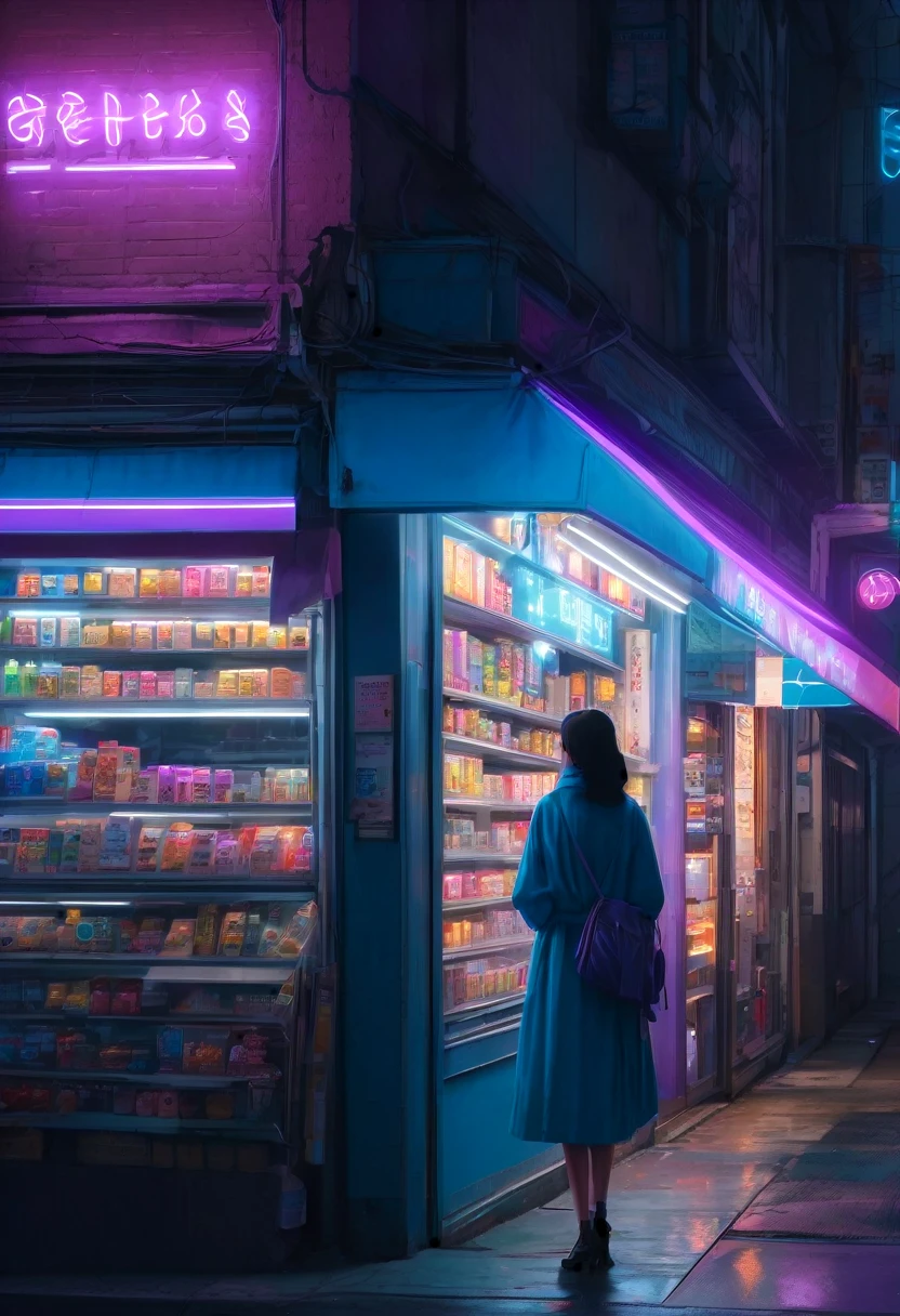 1girl, midnight convenience store, aesthetic, Neon Night page, vibrant city lights, dimly lit shelves full of snacks and drinks, a cashier with tired eyes, fluorescent lighting casting a soft glow, late-night customers browsing the aisles, flickering neon signs outside the store, a sense of mystery and solitude, a hazy atmosphere with a touch of nostalgia, cinematic and atmospheric, high-res details capturing the smallest nuances, a combination of realism and dream-like quality, urban aesthetic blending with a hint of surrealism, cool blue and purple tones, soft shadows and subtle highlights, an ambiance that evokes a sense of tranquility and possibility in the midst of the night.