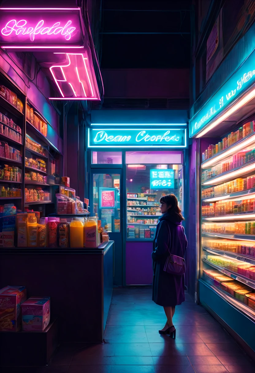 1girl, midnight convenience store, aesthetic, Neon Night page, vibrant city lights, dimly lit shelves full of snacks and drinks, a cashier with tired eyes, fluorescent lighting casting a soft glow, late-night customers browsing the aisles, flickering neon signs outside the store, a sense of mystery and solitude, a hazy atmosphere with a touch of nostalgia, cinematic and atmospheric, high-res details capturing the smallest nuances, a combination of realism and dream-like quality, urban aesthetic blending with a hint of surrealism, cool blue and purple tones, soft shadows and subtle highlights, an ambiance that evokes a sense of tranquility and possibility in the midst of the night.