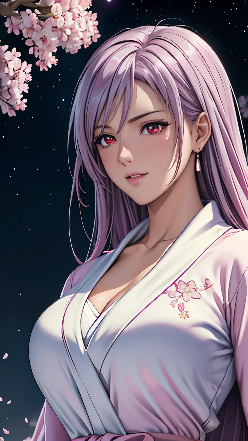 red eyes, (highest quality, masterpiece painting:1.3), immature woman, 16 years old, (half body shot), masterpiece, ultra high resolution, (Photoreal:1.0), light purple hair,straight hair, beautiful shining hair, white and shining skin, ((Ultra realistic details)), octane rendering, highly detailed face, (big breasts:0.8), (make a heart with hands),（(Translucent white robe),  (pink feather robe,Layering), White cherry blossom embroidery pattern, silver earrings,（milky way galaxy), Hair flutters under the influence of the wind, Japanese garden with beautiful cherry blossoms at night, Mysterious night sky, Beautiful Landscapes, sharp focus, intricate details, professional artwork, (bright colors:1.1), bright colors, diffused lighting, digital blending, ultra-definition body, ultra detail hair, super detailed face, that&#39;It&#39;s trending on pixiv, top button open, Cute gaze, compensate, perfect lips, perfect compensate, Ultra-precision coating,  (light_smile:0.8), (Very embarrassed:1.2), blush your nose,