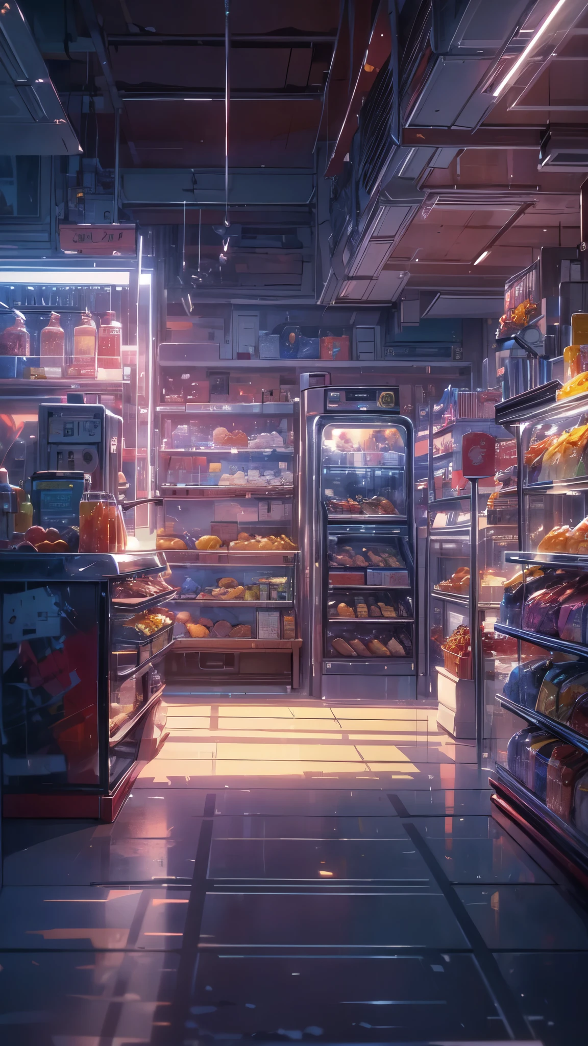 masterpiece, concept art, Cinematic shot, convenience store interior, full of product line up in the store, midnight, Depth of field, sharp focus, studio lighting, global illumination, (epic composition, epic proportion, Highly detailed, beautiful and aesthetic:1.2), HD, makoto shinkai inspired