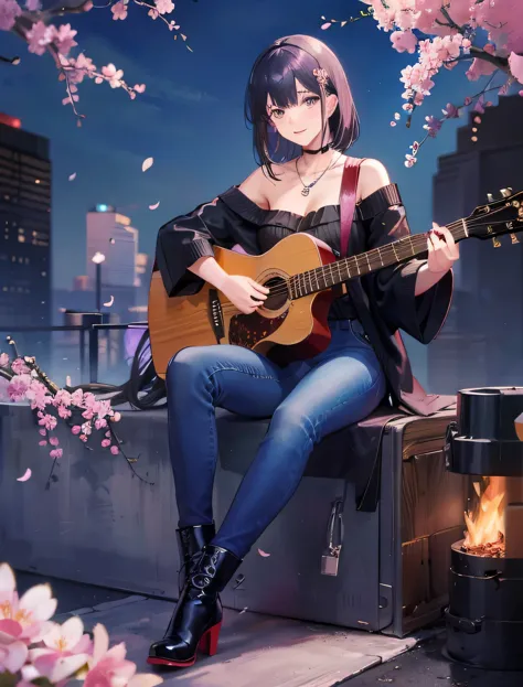 (Playing acoustic guitar)、night、Black hair with red Messi、a young girl，Dressed in sexy grunge jeans clothes，wear long boots，cher...
