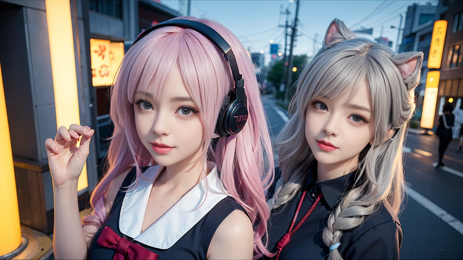 (Auriculares:1.3)、chica anime, pequeño curvilíneo , chica anime, esbelto、expresión suave、sonrisa、arte de anime digital detallado, senos pequeños, Lindo anime waifu en uniforme de marinero.,  en traje de marinero, Noche(Fondo del centro de Tokio:1.3)、Caminar、arte de anime detalladoワーク, arte de anime detallado, Arte oficial altamente detallado, Kshatkrentz Arte Clave Femenino, [ arte digital 4K ]!!